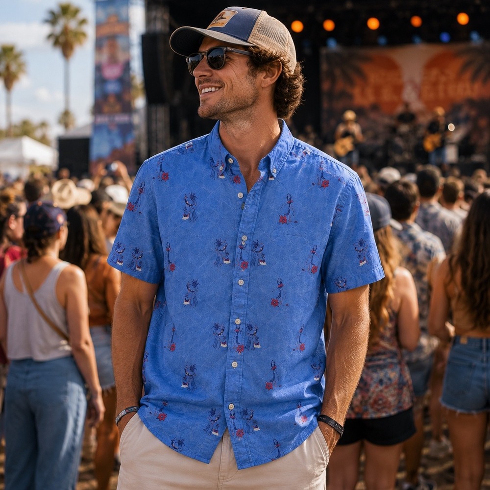 Crown & Ivy Mens Blue Hula Girl Tropical Short Sleeve Button‎ Down Shirt Large